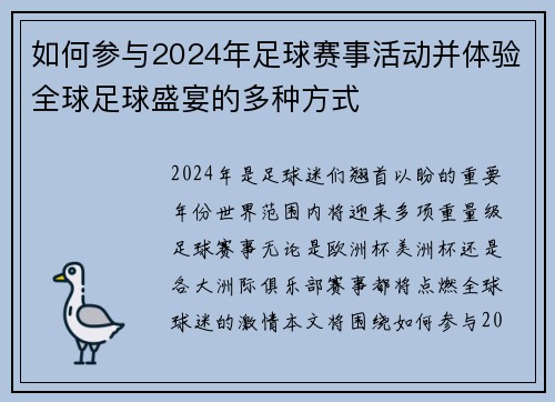 如何参与2024年足球赛事活动并体验全球足球盛宴的多种方式
