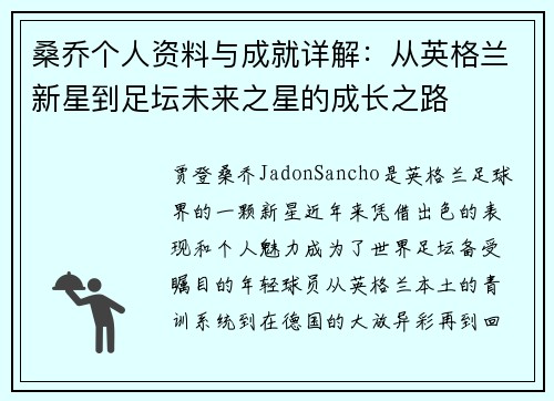 桑乔个人资料与成就详解：从英格兰新星到足坛未来之星的成长之路